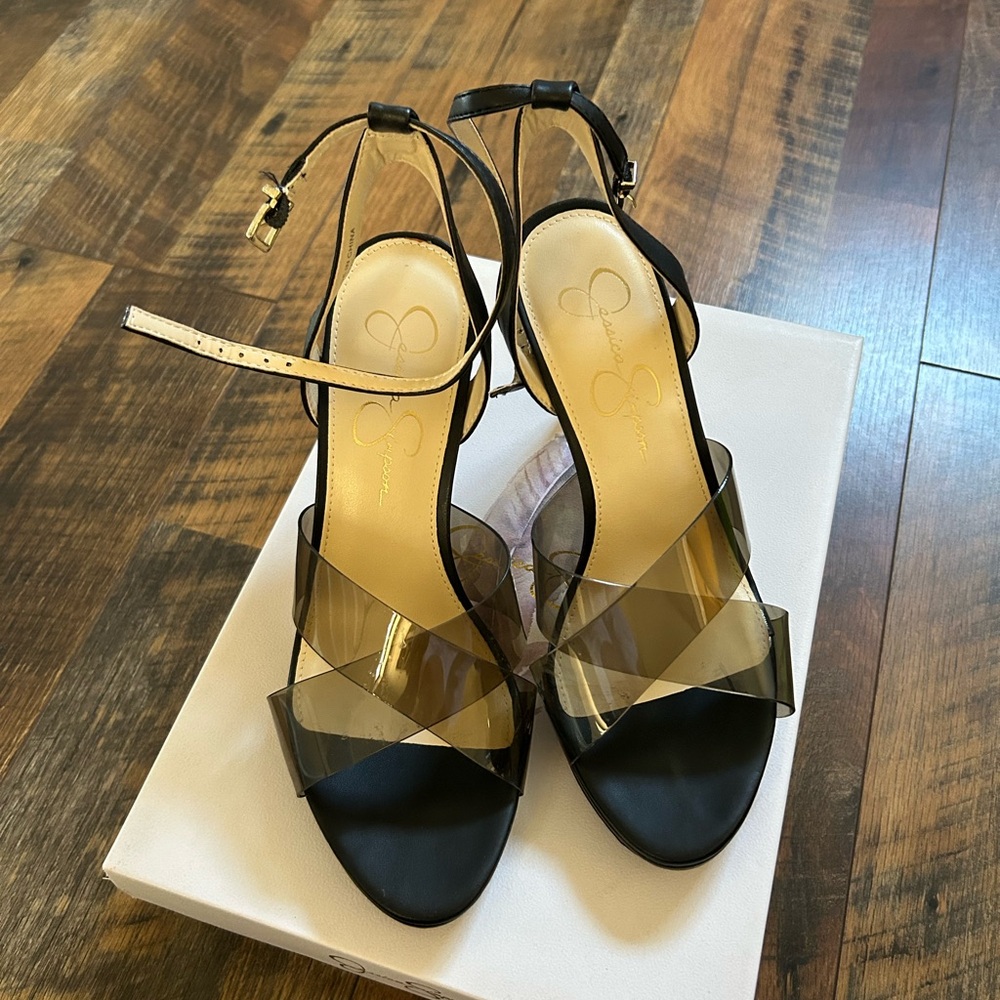 Jessica Simpson Black Stiletto Heels with Clear Ankle Strap
